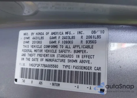 2011 Honda Accord 2.4 Ex z USA, uszkodzony, nr VIN 1HGCP2F77BA005560